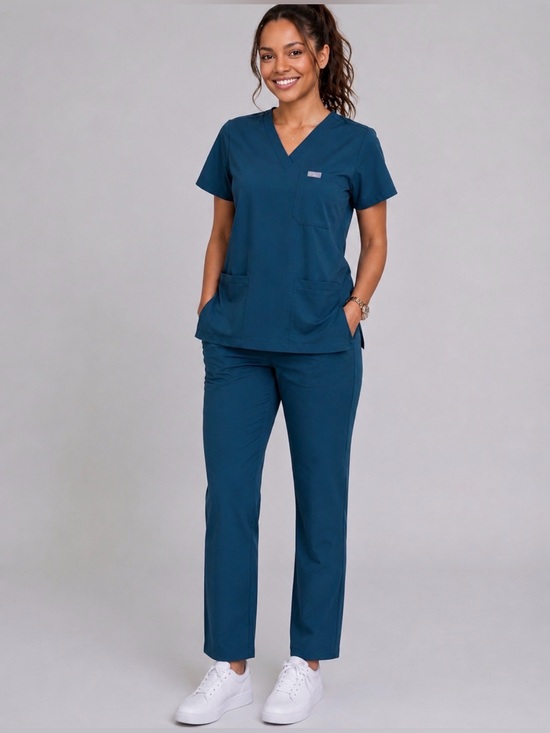 Figs Pants - Figs Three-Pocket Top & straight leg Pant Scrub Deep Teal V-Neck Scrub Set Size